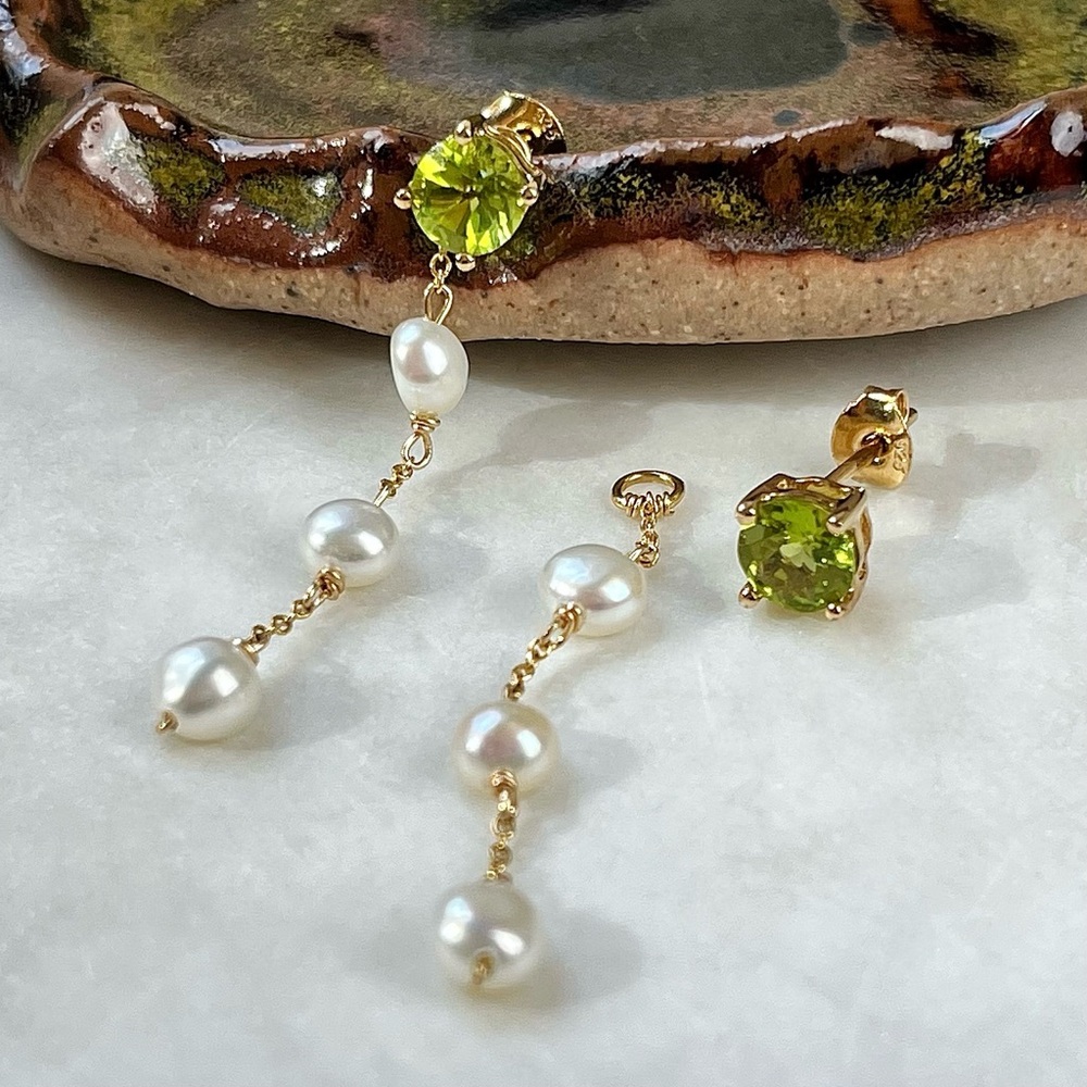 Gold Filled Convertible Two Way Peridot Mini Coin Pearl Stud Dangle Earrings - Picture 2 of 2